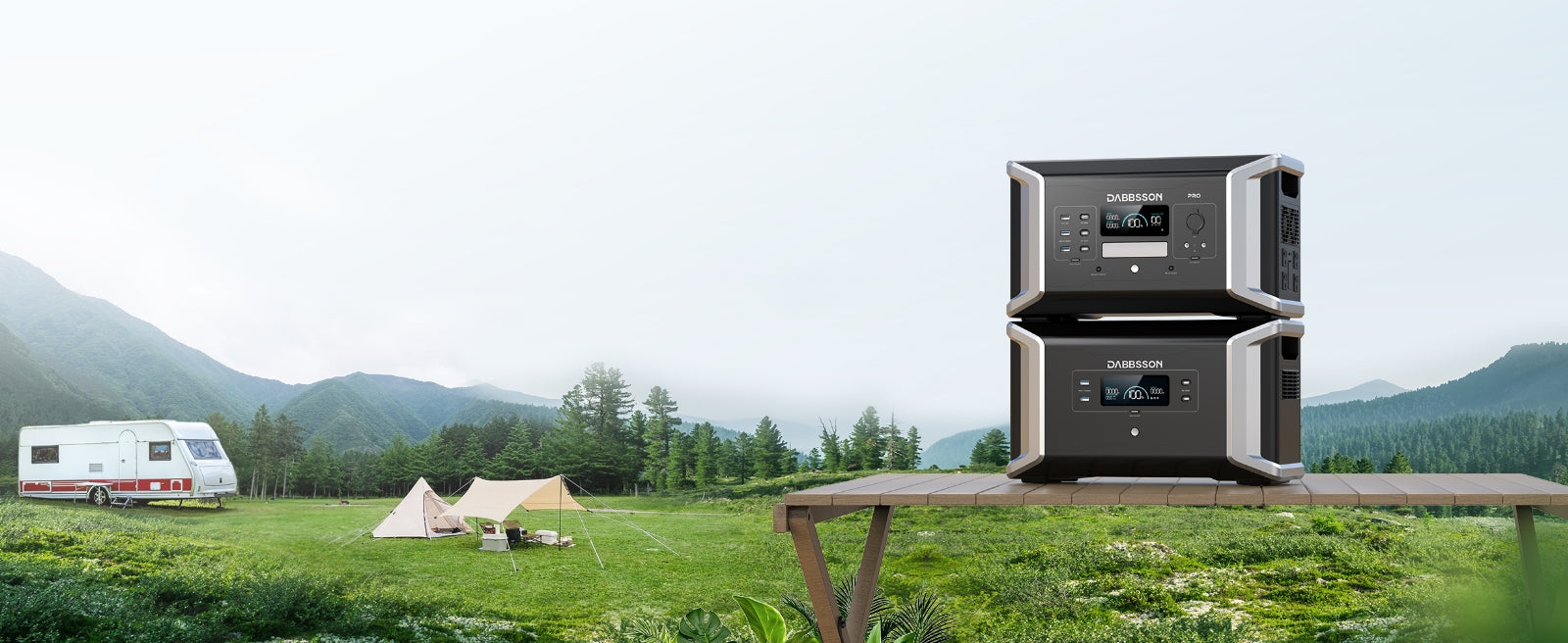 DBS200B solar generator + DBS1300 Portable Power Station allows you to travel in RVs and camp outdoors without worrying about power problems.