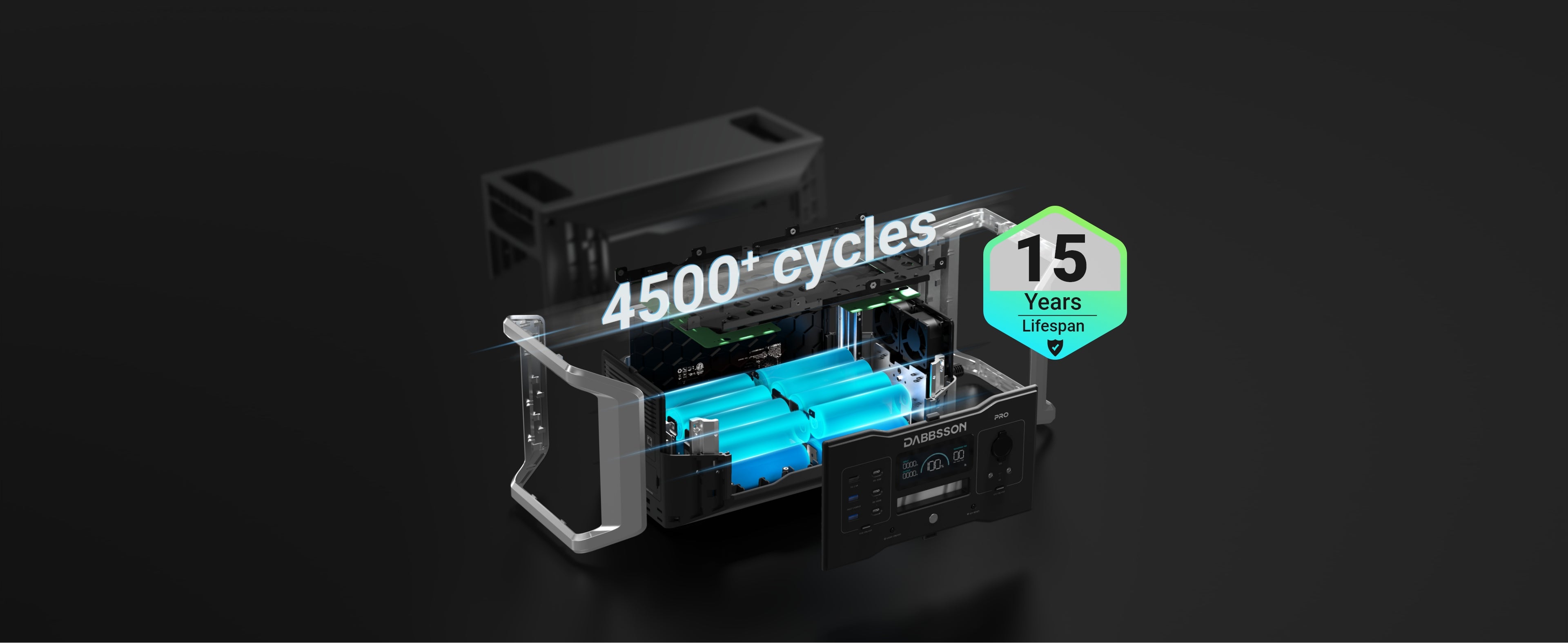 Semi-Solid state LFP batteries feature cutting-edge safety, durability and longevity, maintaining 80% of the original capacity after 4500+ full charge-discharge cycles, making DBS1000 Pro a reliable energy solution that can last 15+ years.
